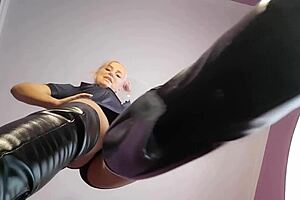 Mistress Dominates With Feet And Pussy, Humiliating Shaved Big Ass Femdom With Natural Tits.