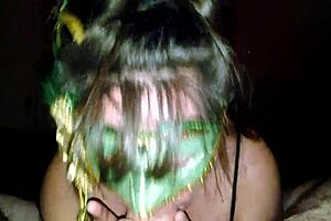 Milf In Green Mask Sucks Thick Cock!
