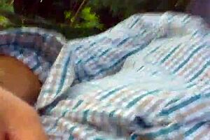 A mature male engages in outdoor self-pleasure activity. with detailed focus on the process