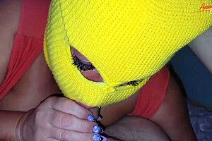 Milf gives blowjob in mask for oral creampie on bed