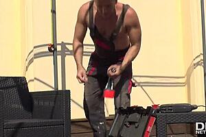 glamorous european milf vyvan hill deepthroats handyman on rooftop for orgasmic cum