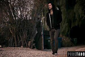 Blonde milf and petite teen suck big cock together.