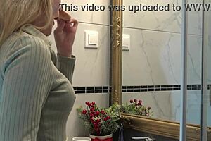Sexy Blonde Wife Switches Panties in Bathroom Voyeur Clip