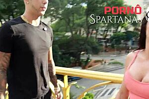 Thay behind the scenes with a wet shaved brunette on monster cock.