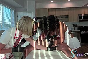 hey, these ebony girls give blowjobs in orgy after shaving