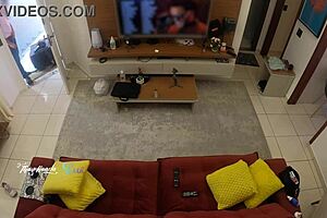 Hot wife recognized by delivery man on sofa