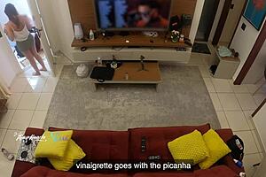 Hot wife recognized by delivery man on sofa