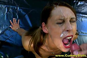 Dirty brunette whore banged hard and drenched in cum, unbelievable mess!