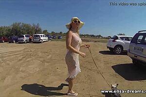 Blonde milf flashes naked under see-through dress in public! 😏