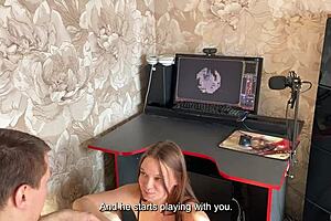 she wanna play with him, not computer games, givin blowjob with ahegao n cum on tits