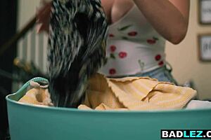 huge boobs milf gets strapon punishment from roommate! 😳