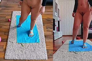 Big ass mom in spandex shows her mature holes while working out