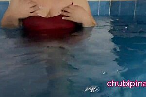 Cougar pornstar flashes big boobs and curvy ass in public swimming pool outdoor POV solo