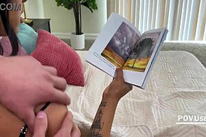 Horny milf sucks neighbor's stepson's big black cock in bedroom.