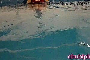 Cougar pornstar flashes big boobs and curvy ass in public swimming pool outdoor POV solo