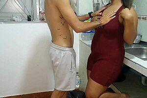 Amateur kitchen action with stepmother and big black cock