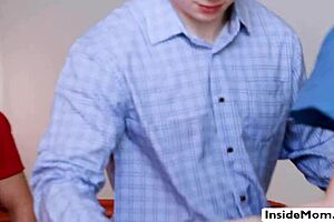 Blindfolded stepsons get ridden by two eager milfs