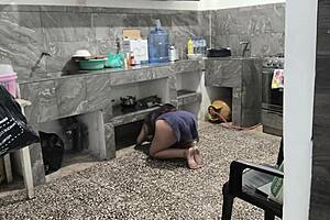 Stepsister Stuck in Kitchen Cleaning, I Helped and Filmed Her