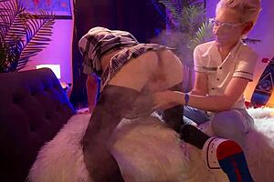 Short-haired mistress milf controls her guy's orgasm, ruining his cumshot with femdom dominance in homemade setting.