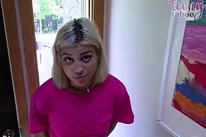 Lilith Grace, the babysitter with a big ass and natural tits gives great blow job and gets cum inside her vagina in doggy style position