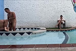 A man at the pool with his wife