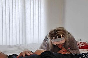 Wife wakes husband with blindfolded blowjob and cumshot