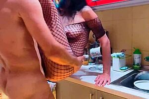 A milf wife gets rough hardcore sex in the kitchen missionary style