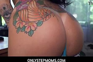 Big Tits Tattooed Stepmom Catches Stepson Johnny Masturbating During Exam Study Session.