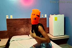 brunette stepsister celebrates halloween in hotel with mask and dance
