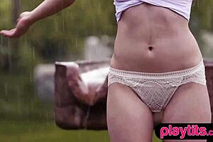 Petite Ukrainian Milf Strips Nude In The Rain To Show Bubble Butt, Contrasting Her Delicate Form