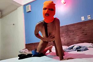 brunette stepsister celebrates halloween in hotel with mask and dance