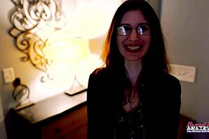 Nerdy brunette Hazel O'Connor deep fingers her pussy and gives a blowjob