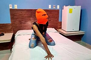 brunette stepsister celebrates halloween in hotel with mask and dance