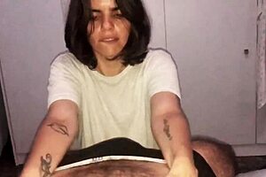 The chubby wife gives her husband a midnight blowjob with licking and spitting on his big cock.