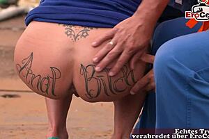 german milf with big tits gets anal threesome outdoor.