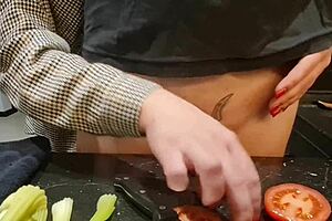 kitchen chaos with extreme cock torment using cucumber fetish play