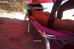 Ebony Massages Married Brunette on Public Beach Outdoors