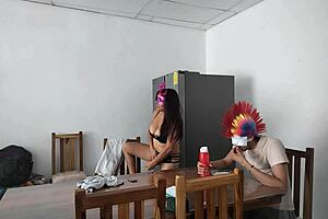 latina milf maid gropes her natural tits and flirts with dildo while feeding blind man 😏