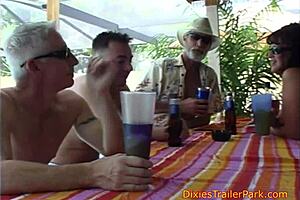 dixie gets banged at the trailer park pool bar, squirting and blowing cum in public group fun