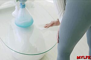 Stepson catches stepmom in short lingerie in the kitchen, leading to oral blowjob