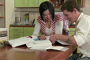 Russian slut got assfucked on kitchen table, then sucked cock hard!