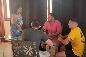 Husband invites friends for cards, housewife fucks all three with big tits and blowjobs.