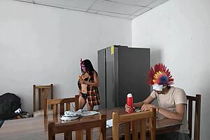 latina milf maid gropes her natural tits and flirts with dildo while feeding blind man 😏