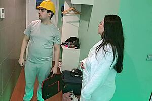 Latina milf seduces chubby hotel handyman. He oils her up until she squirts everywhere!