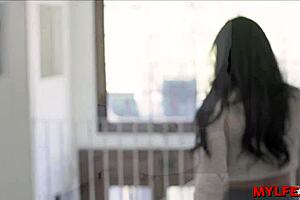 Stepson catches stepmom in short lingerie in the kitchen, leading to oral blowjob