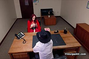 milf cougar in costume rides big cock bent over in principal's office.