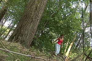 can a brunette milf handle two monster cocks in a forest threesome?