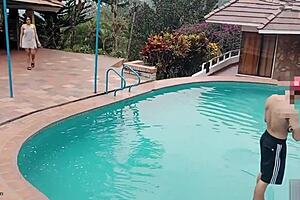 Stepsister's big ass craves hard risky sex in public pool.