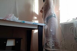 I caught my stepmom hiding and masturbating behind the curtain, leading to a big orgasm