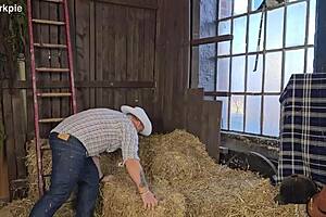 Farmer's daughter receives handjob and muff diving from cowboys, leading to doggystyle fucking and creampie orgasms.